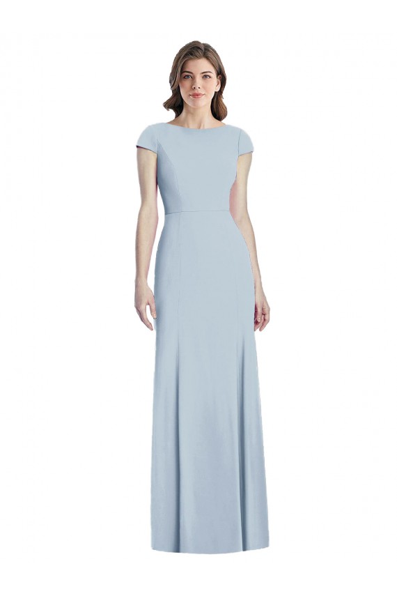 Light Sky Blue Bateau Neck Cap Sleeves Open Back Long Prom Dress Canada Supplier