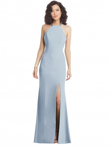 Light Sky Blue High Neck Sleeveless Criss Cross Back Long Prom Dress Canada Supplier