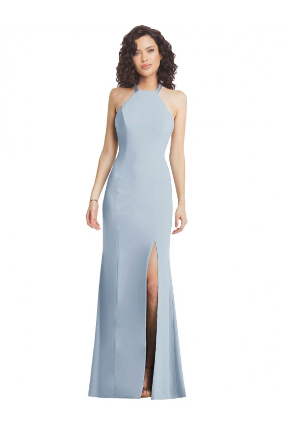 Light Sky Blue High Neck Sleeveless Criss Cross Back Long Prom Dress Canada Supplier