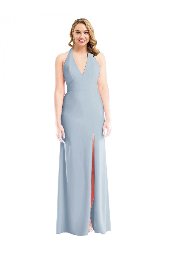 Light Sky Blue Halter Neck Sleeveless Open Back Long Prom Dress Canada Supplier