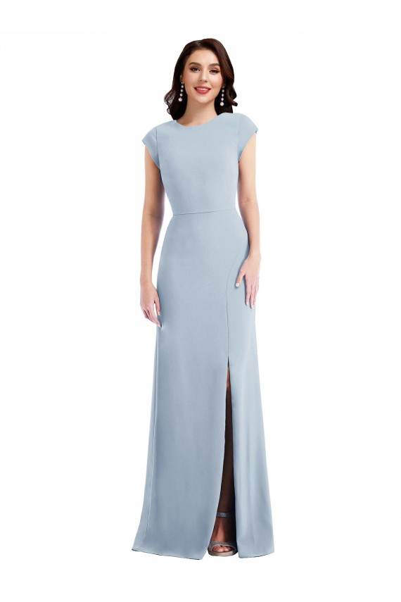 Light Sky Blue Cap Sleeves Open Back Long Prom Dress Canada Supplier