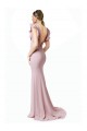 Pink Jewel Neck Ruffle Sleeves V-Back Sweep Train Prom Dress Canada Supplier