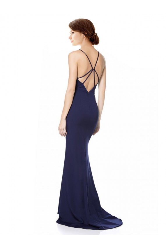 Navy Blue High Neck Sleeveless Criss Cross Open Back Long Prom Dress Canada Supplier
