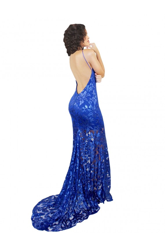 Royal Blue High Neck Sleeveless Open Back Long Prom Dress Canada Supplier
