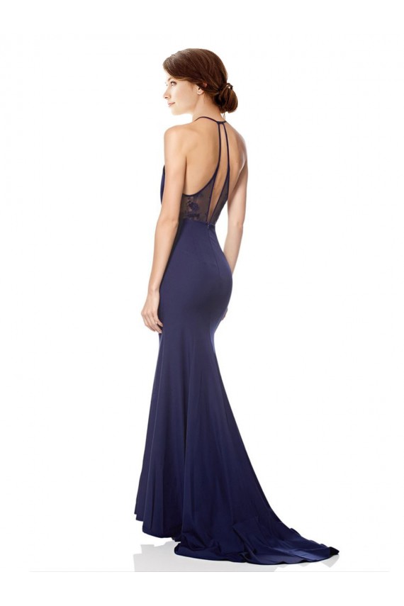 Navy Blue High Neck Sleeveless Long Prom Dress Canada Supplier