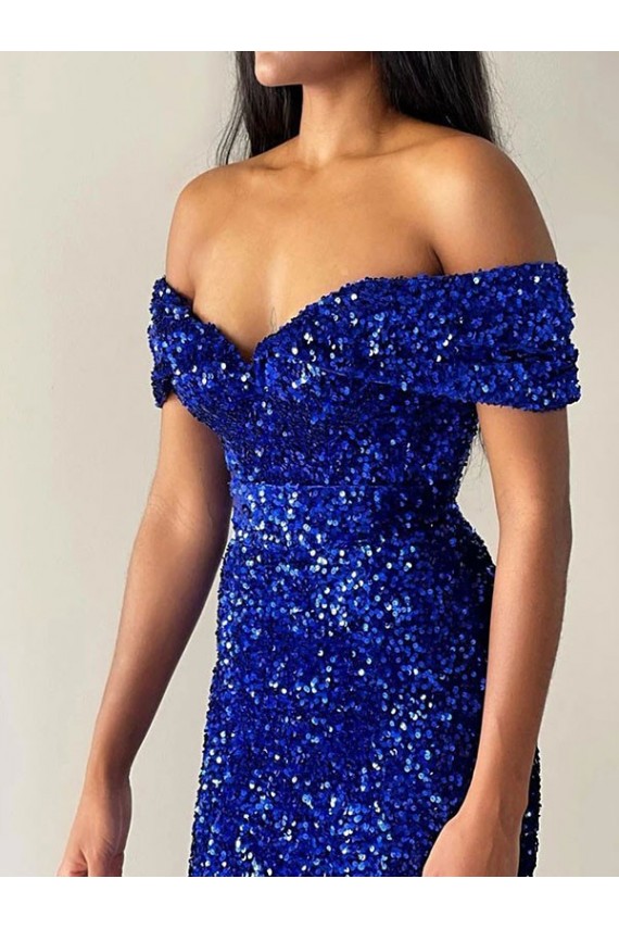 Royal Blue Off the Shoulder Sleeveless Long Sweep Train Prom Dress Canada Supplier