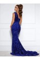Royal Blue One Shoulder Sleeveless Court Train Long Prom Dress Canada Supplier