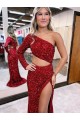 Burgundy One Shoulder Long Sleeves Sweep Train High Slit Prom Dress Canada Supplier