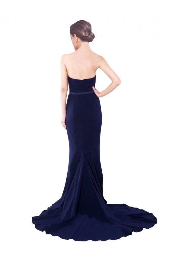 Dark Navy Strapless Sleeveless Low Back Stretch Crepe Sweep Train Prom Dresses Canada Supplier