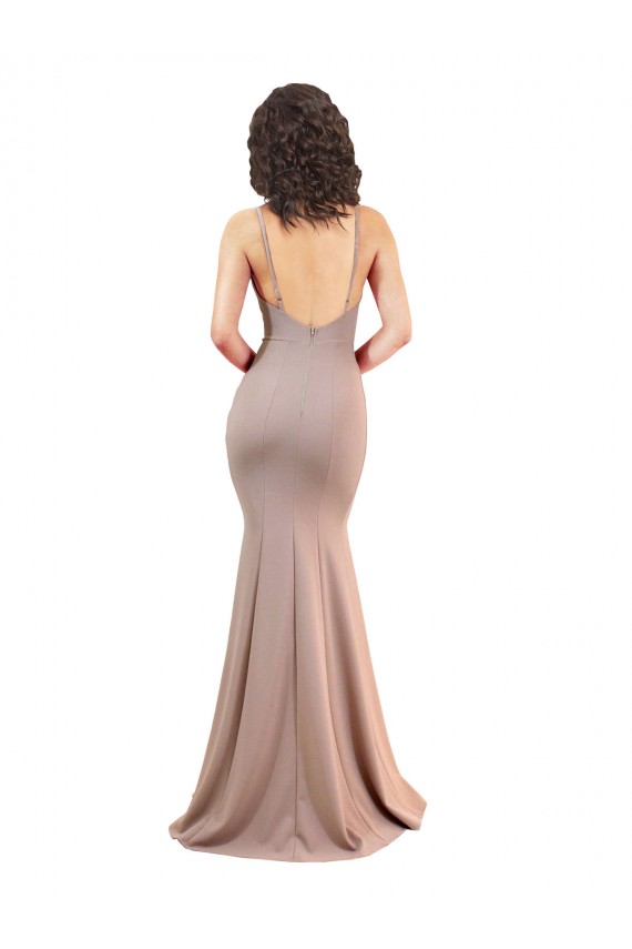 Dusty Pink V-Neck Sleeveless Low Back Stretch Crepe Long Sexy Prom Dress Canada Supplier