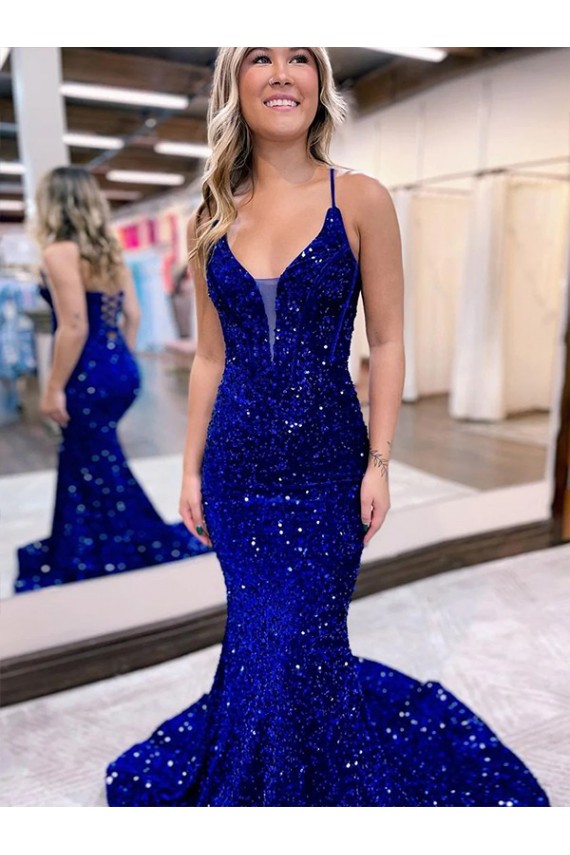 Royal Blue V-Neck Sleeveless Court Train Prom Dress Canada Supplier
