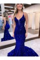 Royal Blue V-Neck Sleeveless Court Train Prom Dress Canada Supplier
