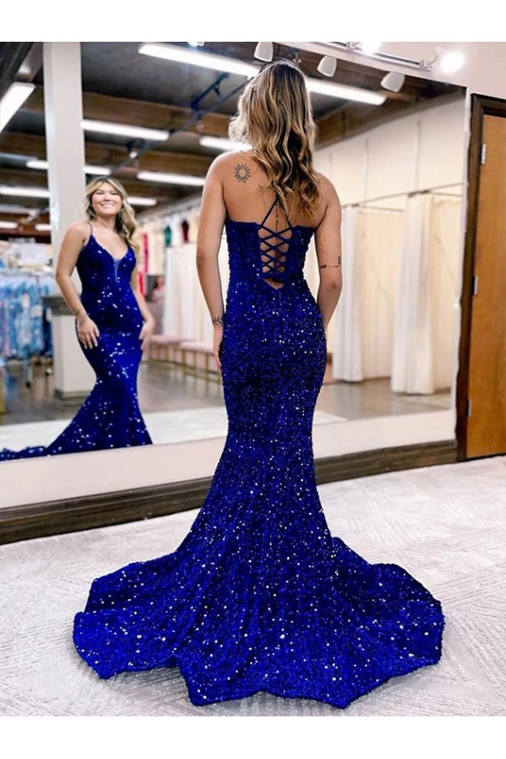Royal Blue V-Neck Sleeveless Court Train Prom Dress Canada Supplier