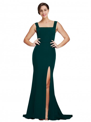 Midnight Green Square Neck Sleeveless Sweep Train Prom Dress Canada Supplier