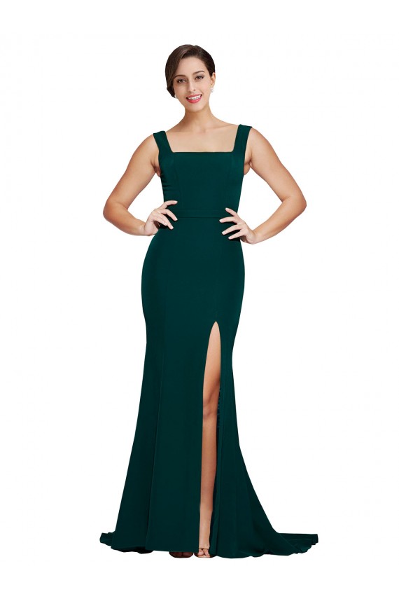 Midnight Green Square Neck Sleeveless Sweep Train Prom Dress Canada Supplier