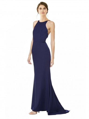 Navy Blue High Neck Sleeveless Criss Cross Open Back Long Prom Dress Canada Supplier
