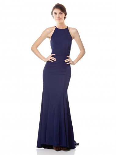 Navy Blue High Neck Sleeveless Long Prom Dress Canada Supplier