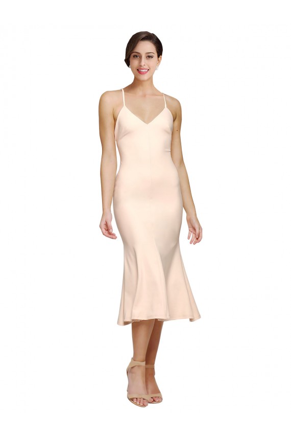 Nude V-Neck Sleeveless Low Back Midi Length Prom Dress Canada Supplier