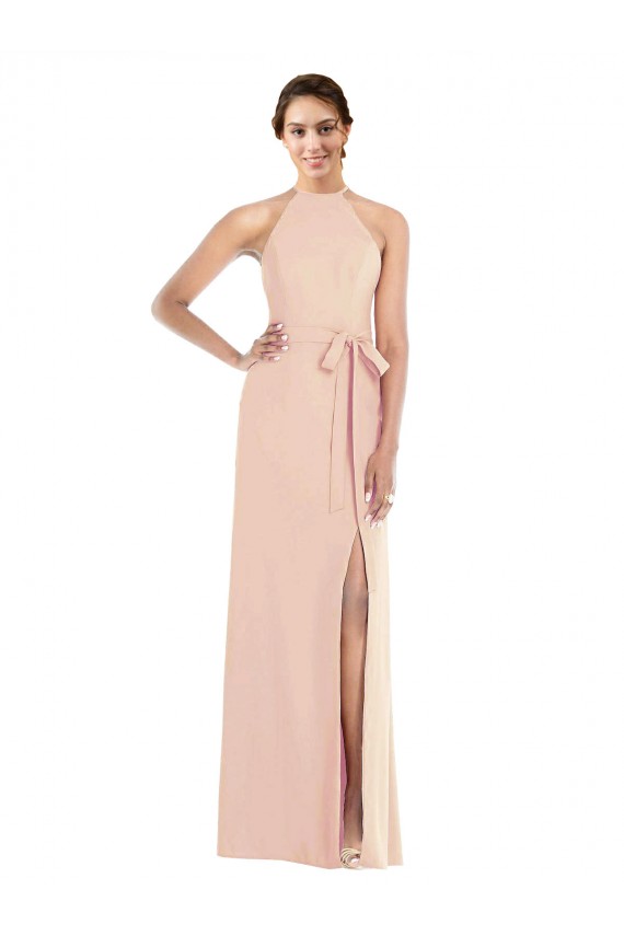 Nude Halter Neck Sleeveless Criss Cross Back Long Prom Dress Canada Supplier