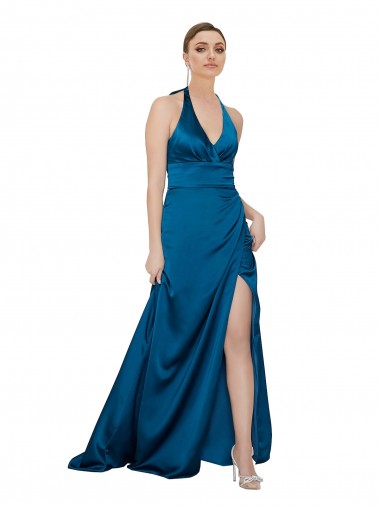 Peacock Blue Halter Neck Sleeveless Open Back Long Prom Dress Canada Supplier