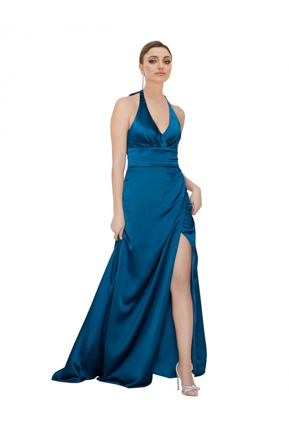 Peacock Blue Halter Neck Sleeveless Open Back Long Prom Dress Canada Supplier