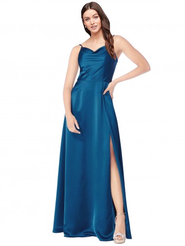 Peacock Blue Cowl Neck Sleeveless Low Back Long Prom Dress Canada Supplier