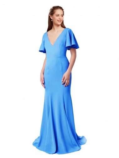 Peacock Blue V-Neck Short Sleeves V-Back Sweep Train Prom Dress Canada Supplier