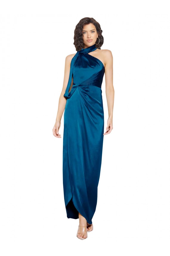 Peacock Blue High Neck Sleeveless Silky Satin Long Prom Dress Canada Supplier