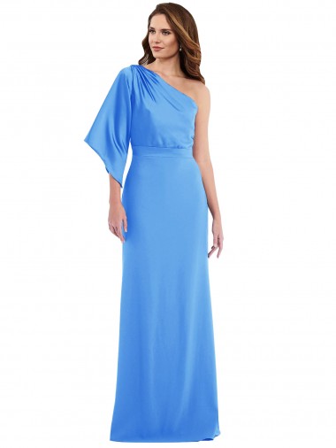 Peacock Blue One Shoulder Bell Sleeves Long Prom Dress Canada Supplier