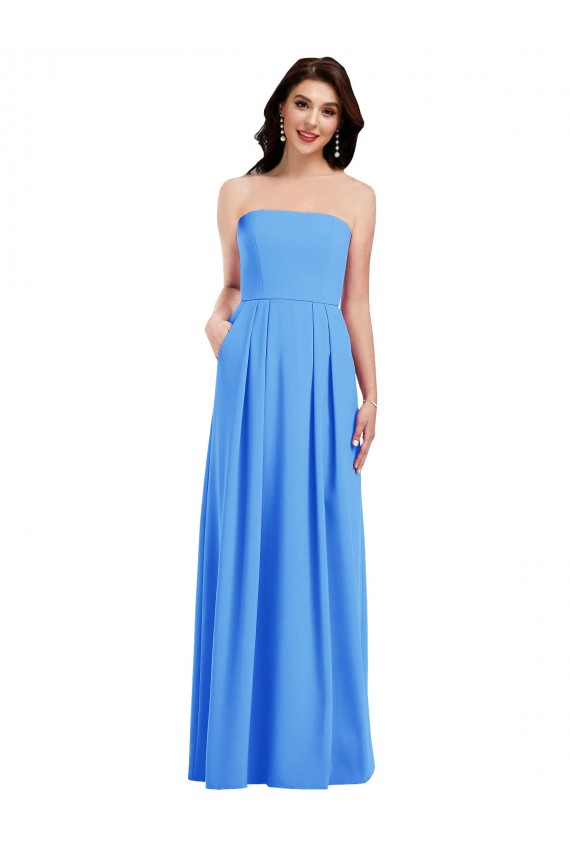 Peacock Blue Strapless Sleeveless Low Back Long Prom Dress Canada Supplier