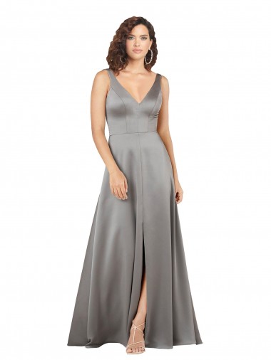 Pearl Grey V-Neck Sleeveless Long Prom Dress Canada Supplier