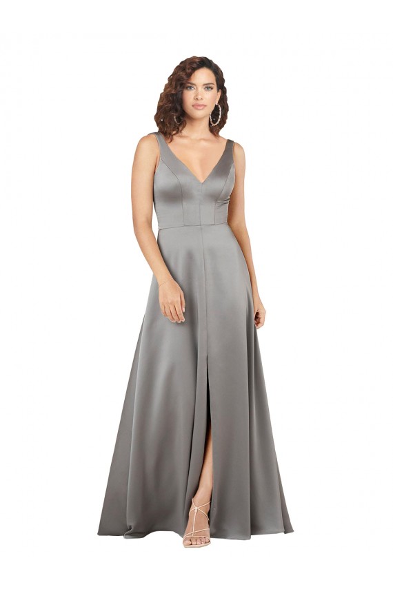 Pearl Grey V-Neck Sleeveless Long Prom Dress Canada Supplier