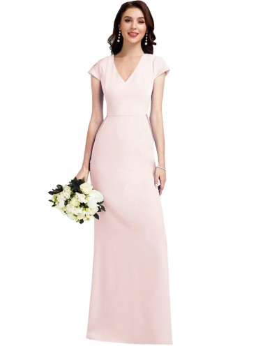 Pink V-Neck Cap Sleeves Stretch Crepe Long Prom Dress Canada Supplier