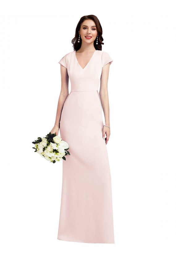 Pink V-Neck Cap Sleeves Stretch Crepe Long Prom Dress Canada Supplier