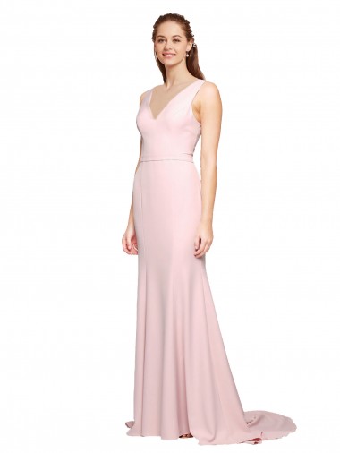 Pink V-Neck Sleeveless V-Back Sweep Train Prom Dress Canada Supplier