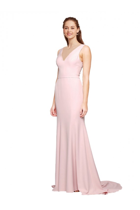 Pink V-Neck Sleeveless V-Back Sweep Train Prom Dress Canada Supplier