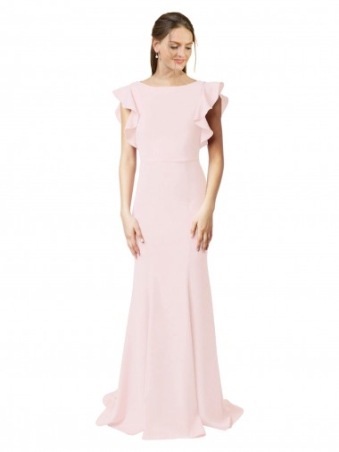 Pink Jewel Neck Ruffle Sleeves V-Back Sweep Train Prom Dress Canada Supplier