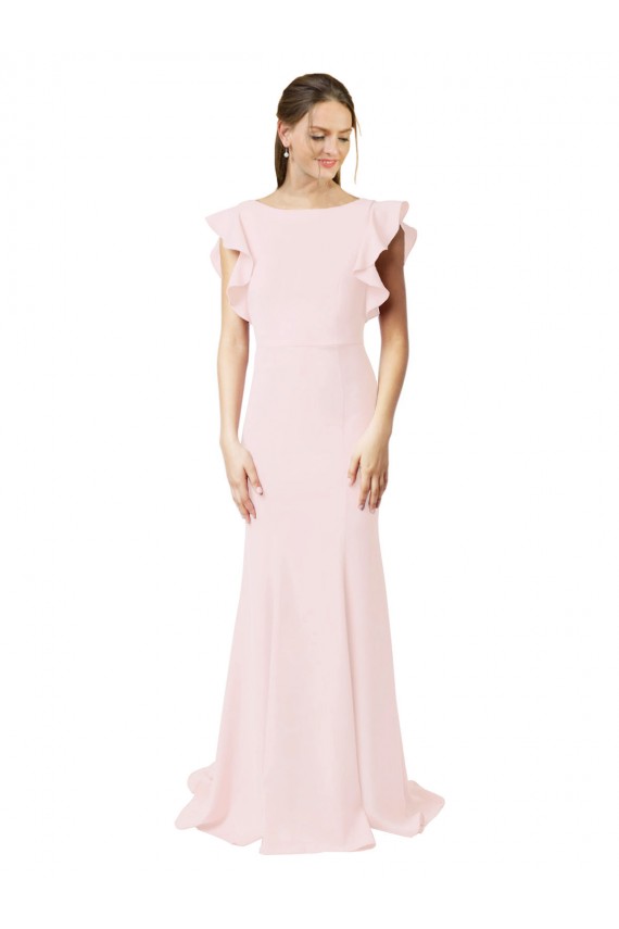 Pink Jewel Neck Ruffle Sleeves V-Back Sweep Train Prom Dress Canada Supplier