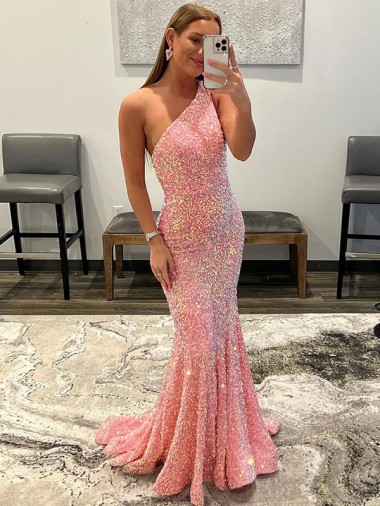 Pink One Shoulder Sleeveless Sweep Train Prom Dress Canada Supplier