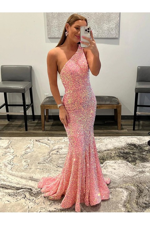 Pink One Shoulder Sleeveless Sweep Train Prom Dress Canada Supplier