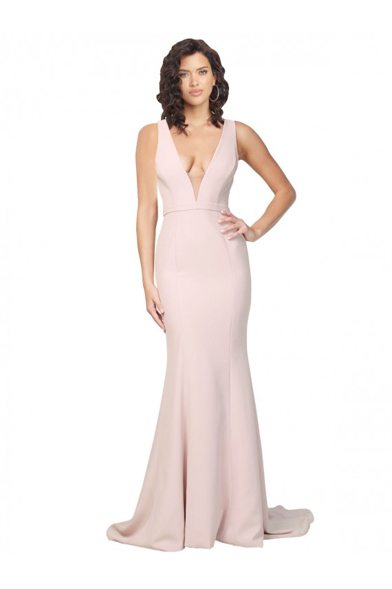 Pink V-Neck Sleeveless V-Back Sweep Train Sexy Prom Dress Canada Supplier