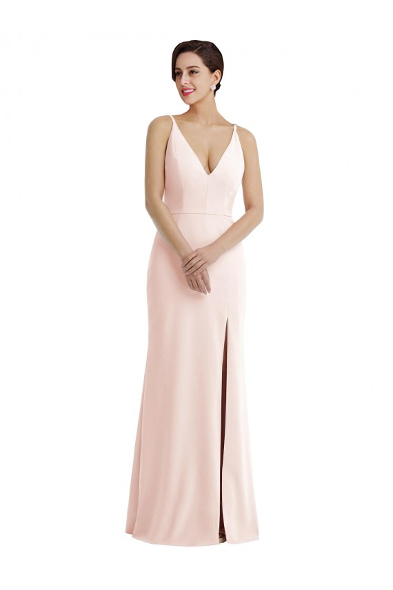 Pink V-Neck Sleeveless V-Back Stretch Crepe Long Prom Dress Canada Supplier