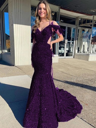Plum Purple V-Neck Sleeveless Court Train Prom Dress Canada Supplier