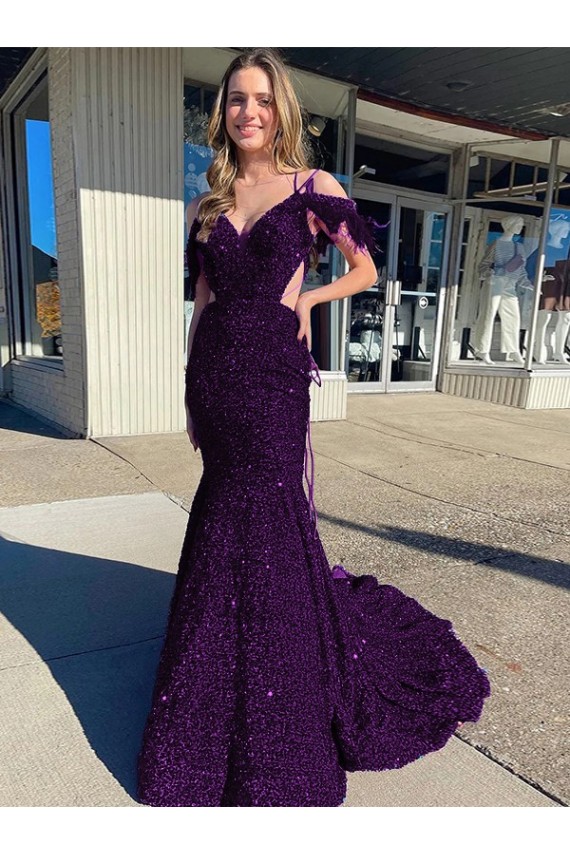Plum Purple V-Neck Sleeveless Court Train Prom Dress Canada Supplier