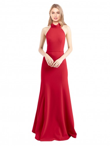 Red High Neck Sleeveless Open Back Stretch Crepe Long Prom Dress Canada Supplier