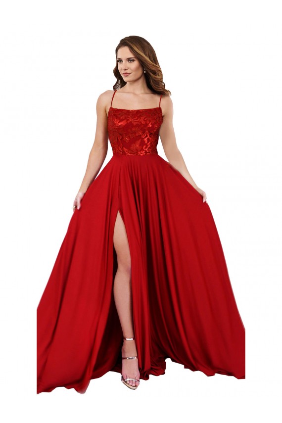 Red Square Neck Sleeveless Criss Cross Open Back Long Prom Dress Canada Supplier