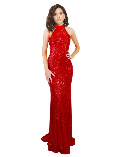 Red High Neck Sleeveless Open Back Sequin Long Prom Dress Canada Supplier