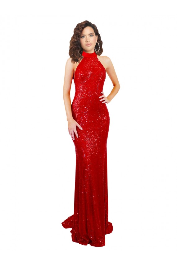 Red High Neck Sleeveless Open Back Sequin Long Prom Dress Canada Supplier