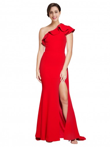 Red One Shoulder Sleeveless Sweep Train Prom Dress Canada Supplier