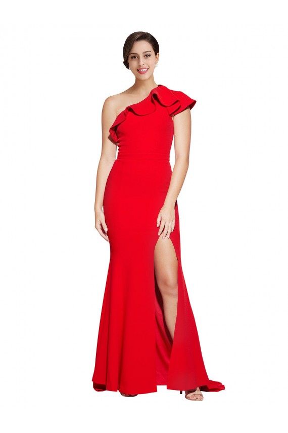 Red One Shoulder Sleeveless Sweep Train Prom Dress Canada Supplier